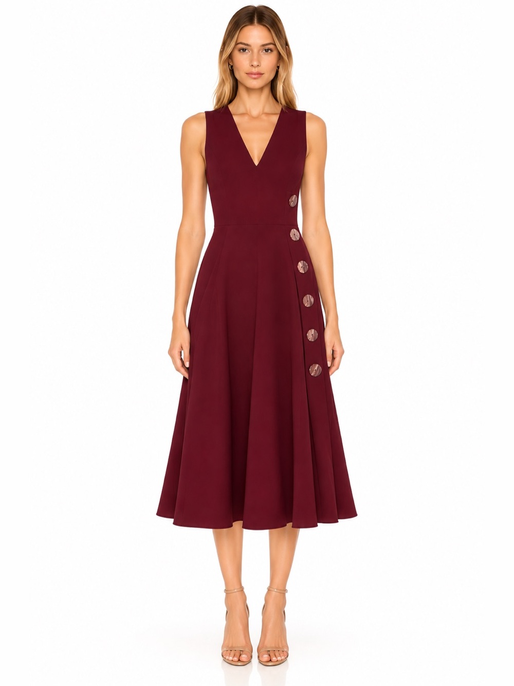 Roksanda Burgundy Midi Dress V-Neck A-Line Statement Button Designer